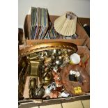 TWO BOXES OF CERAMICS, TREEN, METAL, VINYL RECORDS CD'S ETC, including wall mirror, treen bowl in