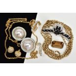 A SELECTION OF MAINLY COSTUME JEWELLERY, to include a loose rectangular smokey quartz, a pair of