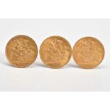 THREE HALF SOVEREIGNS, to include two George V and one Edward VII half sovereign, dated 1907, 1911
