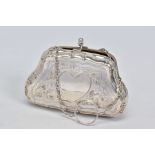 A GEORGE V SILVER PURSE, scrolled outline, foliate engraved and vacant heart shaped cartouche, tan