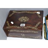 A VICTORIAN SEWING BOX inlaid with mother of pearl decoration, width 28cm x depth 19cm x height 12cm