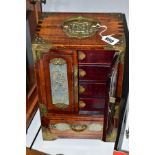 A CHINESE JEWELLERY BOX, circa 1930's, having brass handles and corners, the doors and sides inset