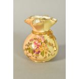 A ROYAL WORCESTER BLUSH IVORY VASE, shaped as a tied coin purse, floral decoration, puce backstamp