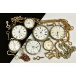 A COLLECTION OF OPEN FACED POCKET WATCHES, CHAINS AND WATCH KEYS, to include four hallmarked