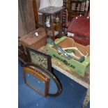 A VINTAGE TRAVELLING TRUNK (sd) together with a box containing a pair of antlers etc, and an oak