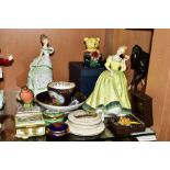 A GROUP OF CERAMICS, ENAMEL BOXES, etc, to include Dresden cabinet cup and saucer, two Halcyon