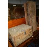 A VINTAGE PINE AMMO CRATE together with a long rectangular tin trunk (sd) (2)