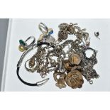 A SELECTION OF JEWELLERY, to include a filigree bracelet, clasp missing, a belcher link chain, three