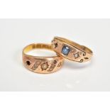 TWO LATE VICTORIAN 15CT GOLD GEM SET RINGS, both designed as tapered bands, the first set with split