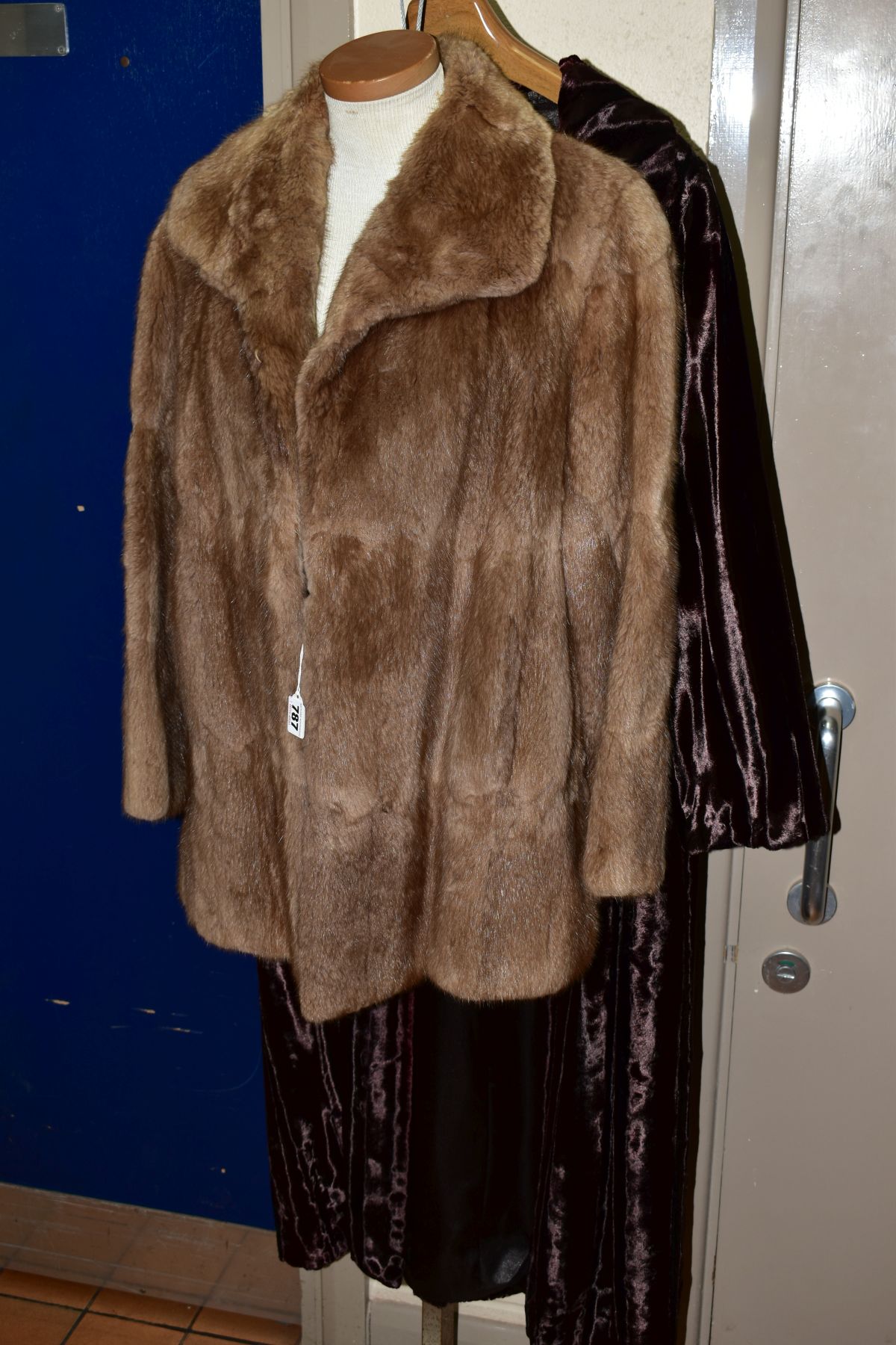 A MINK JACKET AND A FAUX FUR COAT, the light brown mink jacket with lapel collar with three hook