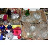 THREE BOXES OF GLASSWARE AND LOOSE, to include a pair of silver topped cut glass hand blown vases,