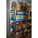 SEVEN BOXES AND LOOSE SUNDRIES, KITCHEN ITEMS, WICKER BASKETS, ORNAMENTS, etc to include tins,