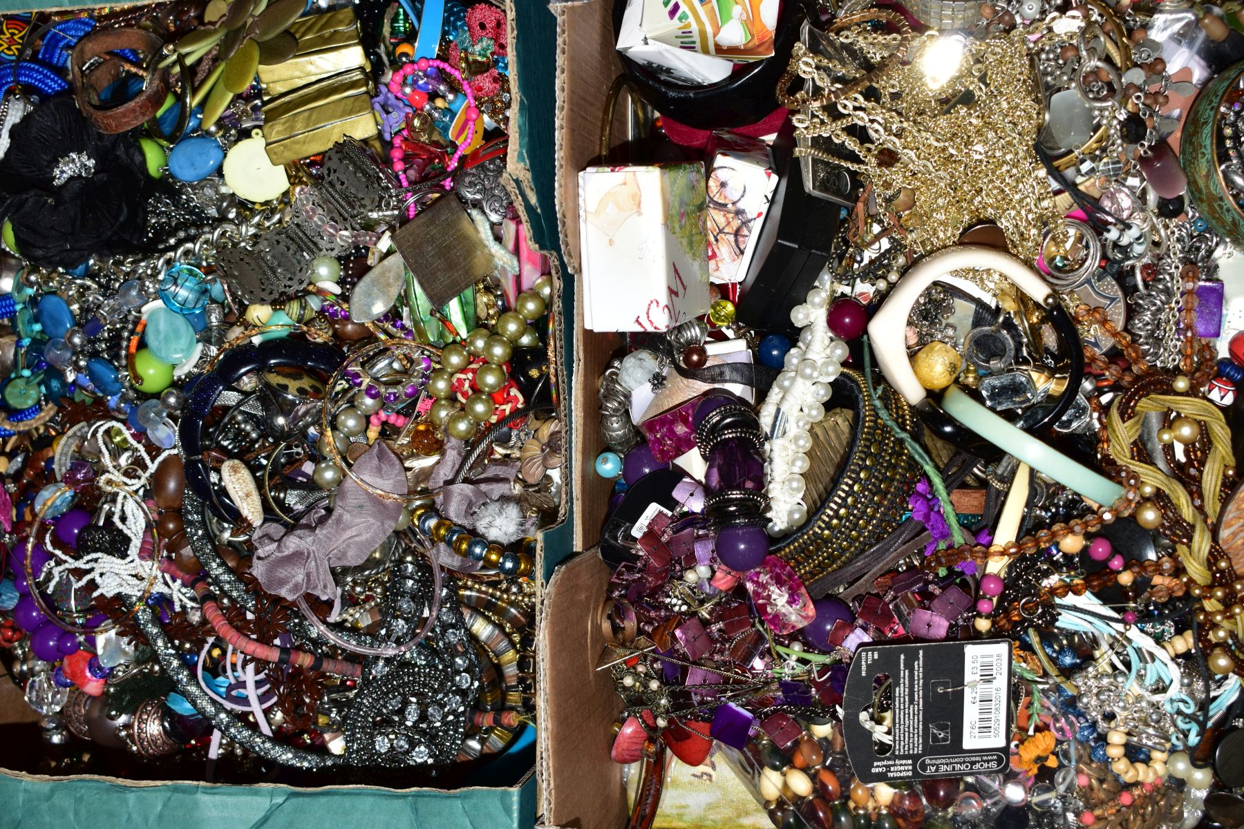 TWO BOXES OF COSTUME JEWELLERY, to include necklaces, bangles, brooches etc