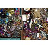 TWO BOXES OF COSTUME JEWELLERY, to include necklaces, bangles, brooches etc