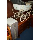 A METAL THIRTY DRAWER FILE CABINET, height 99cm, together with a vintage enamelled Silver Cross pram