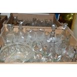 TWO BOXES OF GLASSWARE to include pressed glass decanters, cut glass claret jug, 'Irish Coffee'
