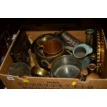 A BOX CONTAINING VARIOUS COPPER AND BRASS MISCELLANEOUS, to include a WMF brass planter, pans