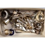 A BOX OF MISCELLANEOUS SILVER, LATE GEORGIAN TO 20TH CENTURY, including tea spoons, egg cups,