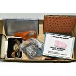A SELECTION OF MISCELLANEOUS ITEMS, to include a gold plated wristwatch, two cigarette cases,