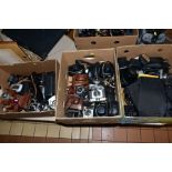 THREE TRAYS OF CAMERAS AND EQUIPMENT including Praktica, Beier, Akarelle, Sony, etc