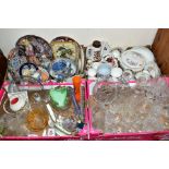 FOUR BOXES OF GLASS AND CERAMICS to include Royal Doulton Carmel tureen, Delphine tea wares,