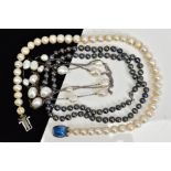 THREE CULTURED PEARL NECKLACES, to include a uniform row of dyed cultured pearls, a uniform cultured