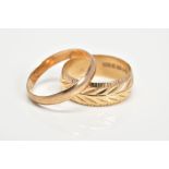 TWO 9CT GOLD RINGS, the first a plain polished band, ring size R, second with foliate textured