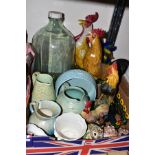 A BOX AND LOOSE SUNDRY ITEMS, to include decorative ceramic Cockerels, tallest approximately 57cm,