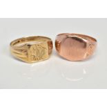 TWO 9CT GOLD SIGNET RINGS, first with 9ct hallmark and an engraved monogram, the second an early