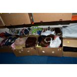 EIGHT BOXES AND LOOSE LINEN, HATS, HANDBAGS, BOOTS ETC, to include material, satin wrap 'Scarlet'