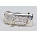 AN EDWARDIAN SILVER PURSE, embossed with Reynold's Angels decoration, tan leather lined interior, on
