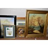 PAINTINGS AND PRINTS to include a river scene with deer, signed C B Shayes? bottom right, oil on