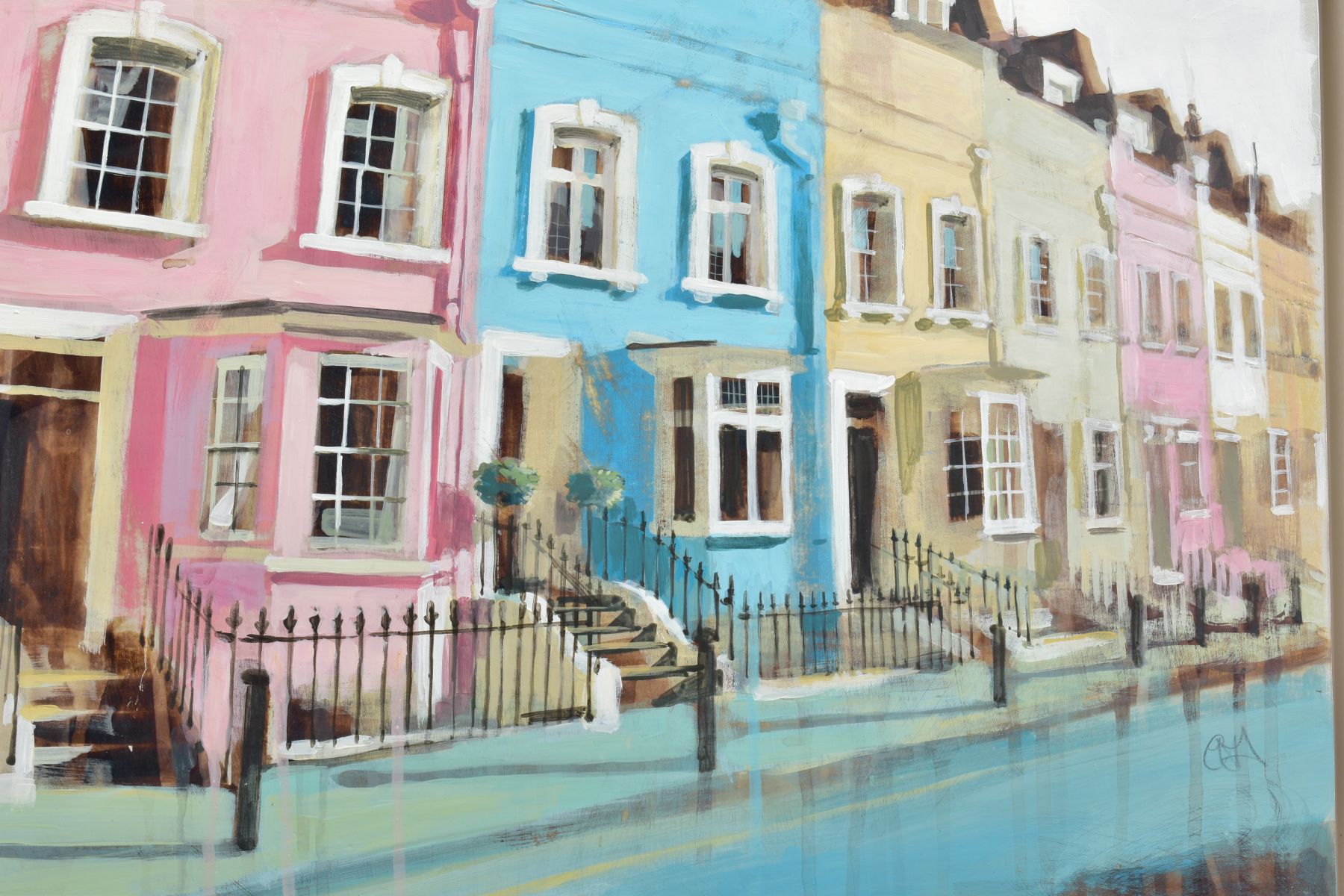 CAMILLA DOWSE (BRITISH 1968) 'IS IT A BOY OR A GIRL' pink and blue town houses, signed centre right, - Image 2 of 3