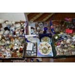 FIVE BOXES AND LOOSE CERAMICS AND GLASSWARE, etc, to include thimbles, collectors plates (blauw