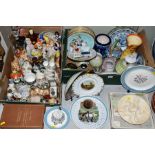 TWO BOXES AND LOOSE CERAMICS, boxed commemorative golf balls etc, to include Gouda pottery, Wade,