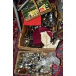 A QUANTITY OF STAINLESS STEEL, SILVER PLATE ETC, including cased cutlery, a wicker cutlery tray,