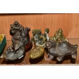 SIX BRONZE/GILT METAL ORIENTAL ITEMS, all 20th century, including dragons, toad, figures of