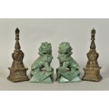 A PAIR OF 20TH CENTURY CARVED HARSTONE DOGS OF FO, height 14cm, together with a pair of bronze