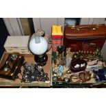 TWO BOXES AND LOOSE SUNDRY ITEMS, to include ink stand, ceramic base oil lamp, with glass shade