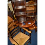 TWO OAK OPEN BOOKCASES and an oak ladder back carver chair (3)