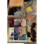 A BOX OF COSTUME JEWELLERY, etc, to include a small box of Robert Simon pin badges, a Rotary