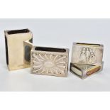 FOUR LATE VICTORIAN/EARLY 20TH CENTURY SILVER MATCHBOX SLEEVES, two plain and two with embossed