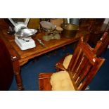 A MANGO WOOD REFECTORY TABLE, width 182cm x depth 90cm x height 78cm and six dining chairs (7)