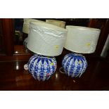 A PAIR OF MID TO LATE 20TH CENTURY ORIENTAL BLUE AND WHITE GROUND TABLE LAMPS with shades (sd to