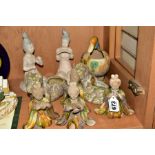 A GROUP OF NINE CHINESE CERAMIC FIGURES AND BRUSH WASH POTS, all 20th Century including Tang style