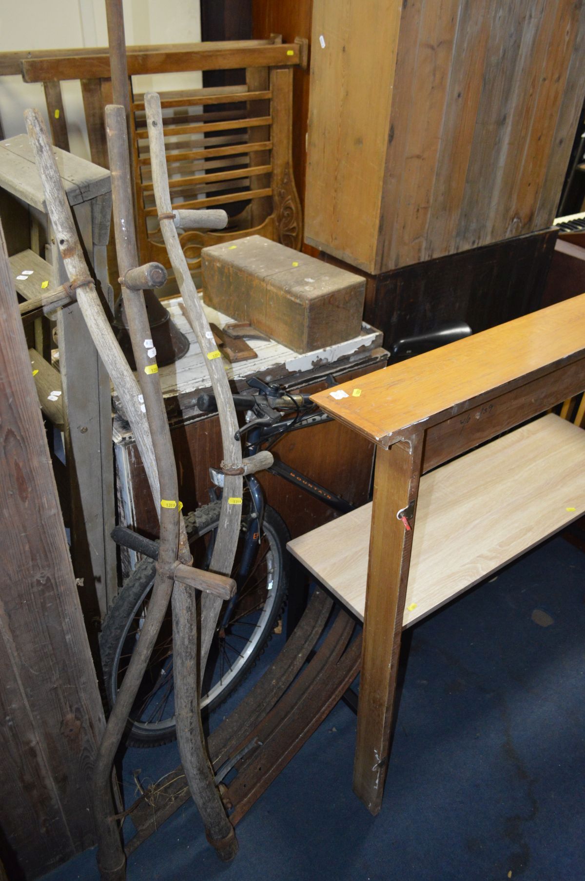 A VICTORIAN WROUGHT IRON SINGLE BED FRAME, together with a pine fire surround and three vintage - Image 2 of 2