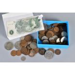 A SMALL BOX OF MIXED COINS, some silver content to include a page one pound banknote X61A etc