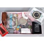 A SELECTION OF JEWELLERY etc, to include an Omega stop watch, an engine turned compact, a whistle, a