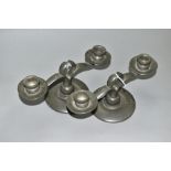 A PAIR OF EARLY 20TH CENTURY LIBERY & CO ENGLISH PEWTER TWIN BRANCH CANDELABRA, No01747, circular