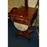 A VICTORIAN FLAME MAHOGANY DROP LEAF WORK TABLE, with two drawers, wool box, on a U shaped and